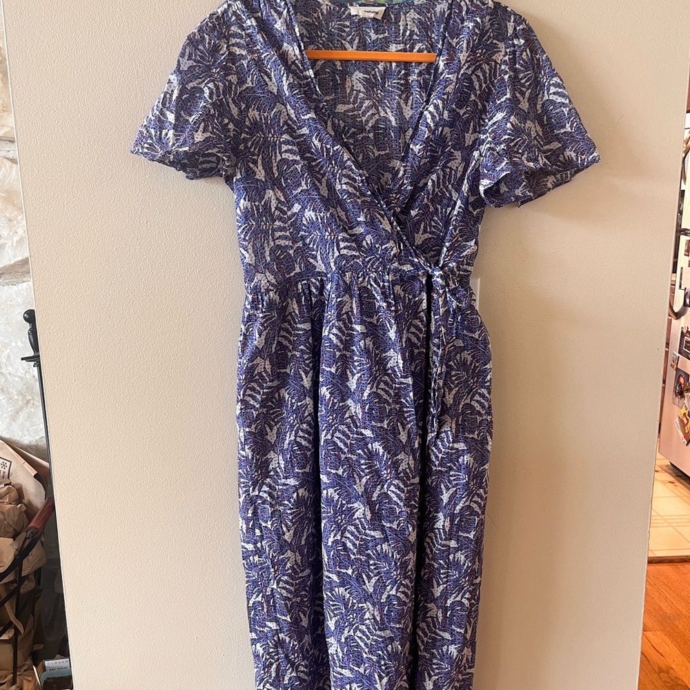 Blue and White Flutter Sleeve Wrap Midi Dress